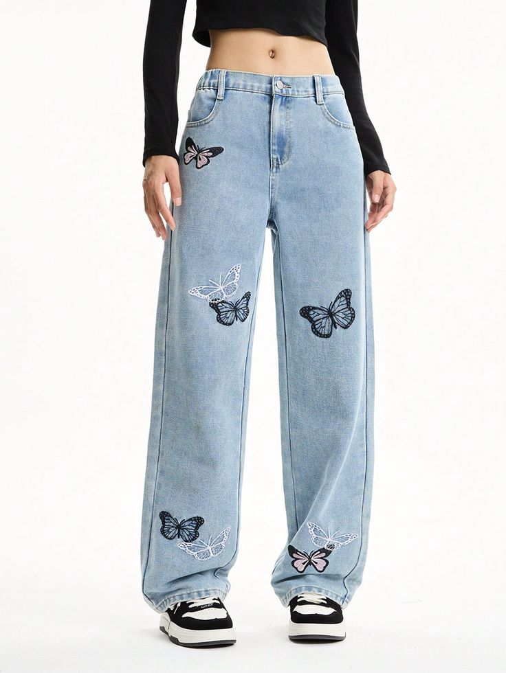 Tween Girl Vintage Embroidery Butterfly Loose Wide Leg Casual Comfy Jeans Blue    Denim Animal,Butterfly Straight Leg,Wide Leg Non-Stretch All Tween Girls Clothing, size features are:Bust: ,Length: ,Sleeve Length: Wide Leg Casual Pants, Animal Butterfly, Embroidery Butterfly, Wide Legged Jeans, Painted Clothes Diy, Comfy Jeans, Casual Preppy Outfits, Casual Wide Leg Pants, Girl Vintage