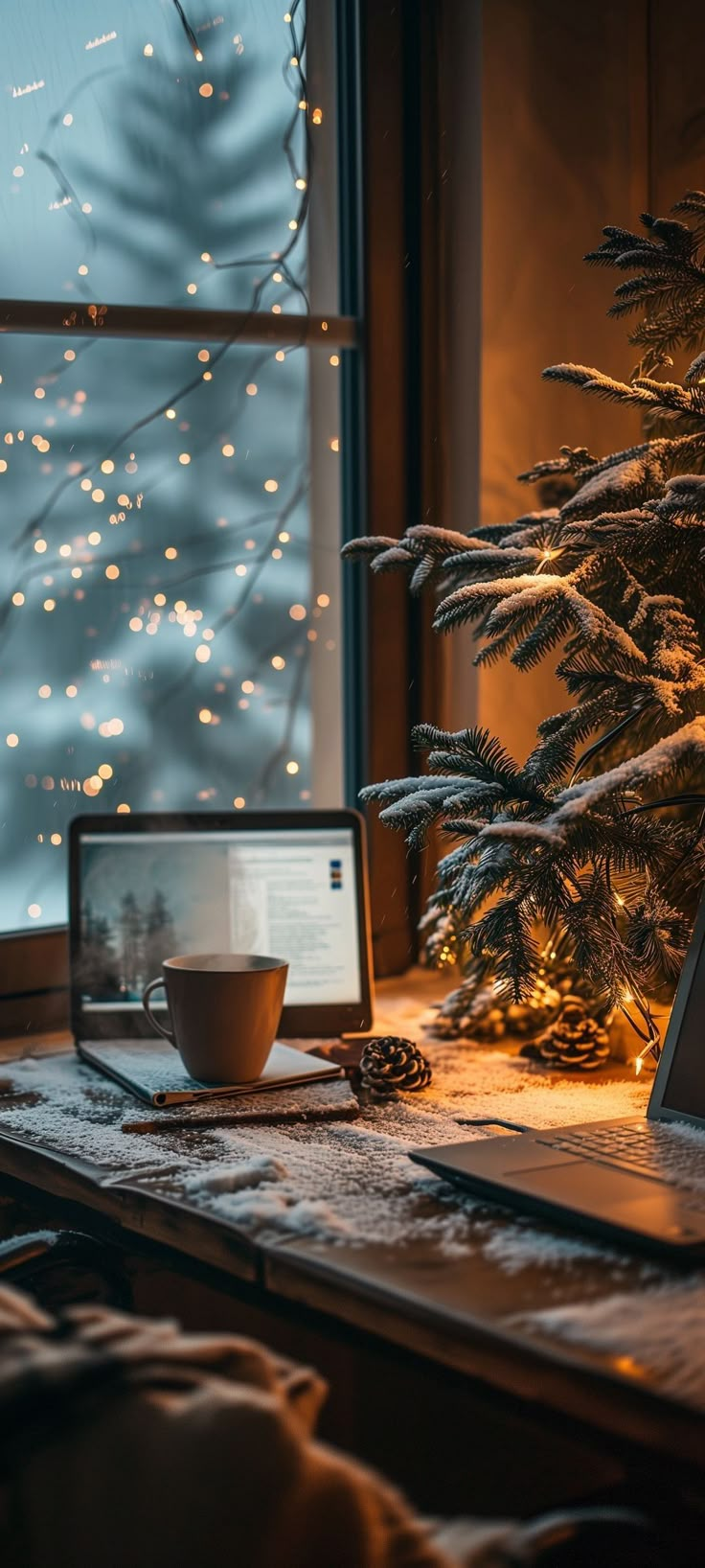 a laptop computer sitting on top of a wooden desk next to a christmas tree in front of a window