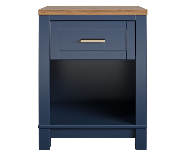 a blue night stand with a wooden top