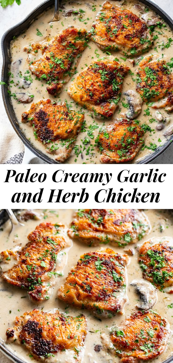 two pictures of chicken with creamy sauce and parsley on top