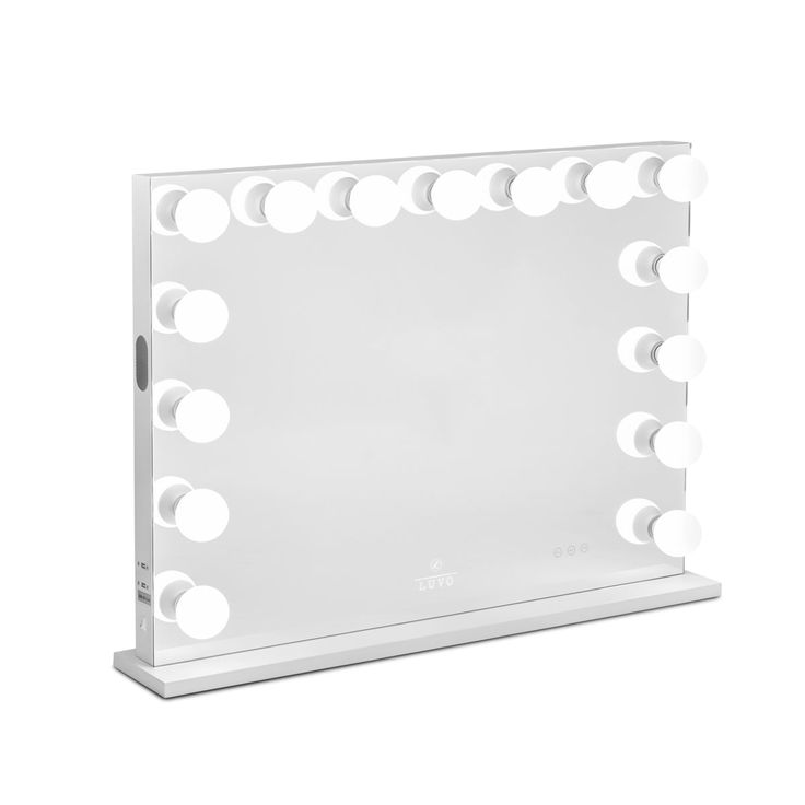 an illuminated vanity mirror with multiple lights on the front and back sides, in white