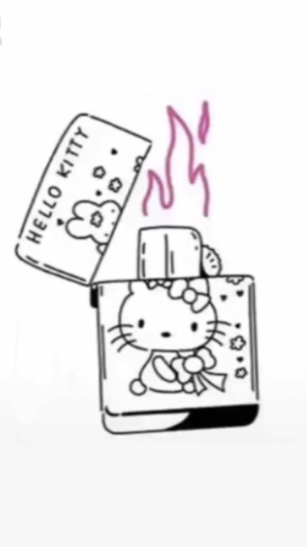 a drawing of a hello kitty lighter with fire coming out of it