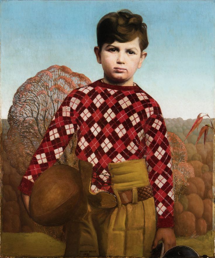 a painting of a young boy in a red and white shirt holding a baseball glove