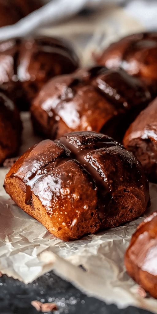 chocolate glazed donuts sitting on top of wax paper