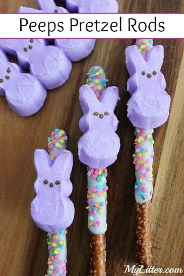 some peeps pretzel rods are decorated with sprinkles