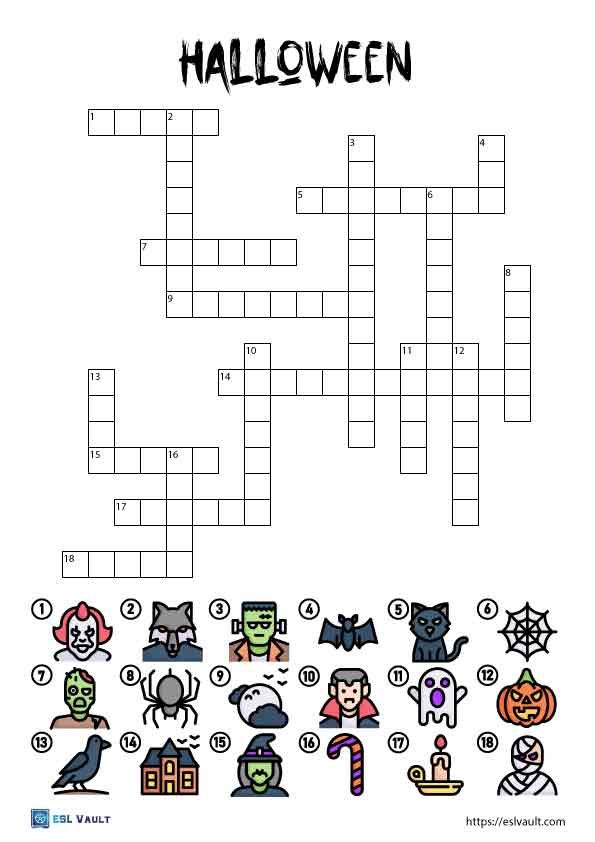 Halloween crossword Free Halloween Worksheets, Halloween Crossword, Halloween Word Scramble, Halloween Crossword Puzzles, Halloween Vocabulary, Picture Clues, Halloween Worksheets, Halloween Words, Upper Elementary Resources