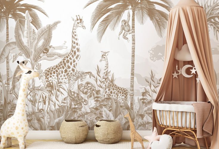 a baby's room with giraffes and palm trees