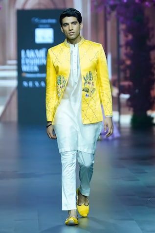 Yellow bandhgala with quatrefoil, floral hand embroidery. Paired with an inner ivory kurta and pant. - Aza Fashions Kurta Set Men, Floral Hand Embroidery, Kurta Set, Full Sleeves, Yellow Floral, Aza Fashion, Full Sleeve, Floral Embroidery, Stand Collar