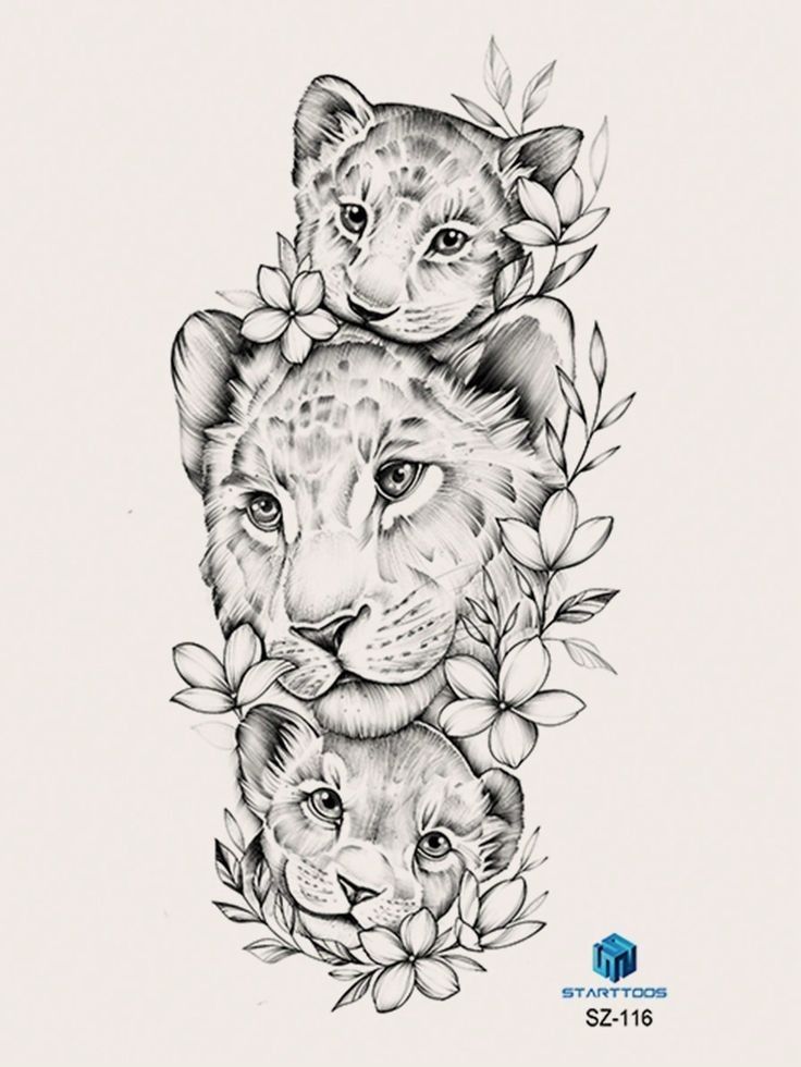 a drawing of two lions with flowers on their heads and leaves around the eyes, one is