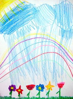 a child's drawing of flowers in front of a rainbow colored sky and clouds