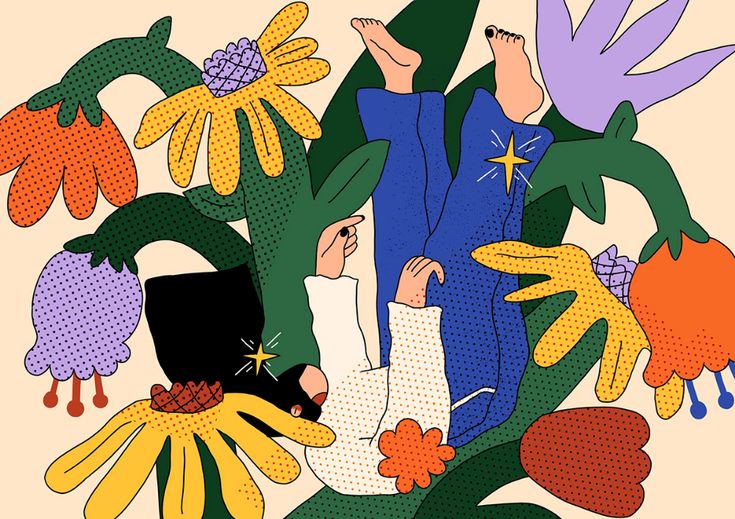 a painting of people surrounded by flowers and plants