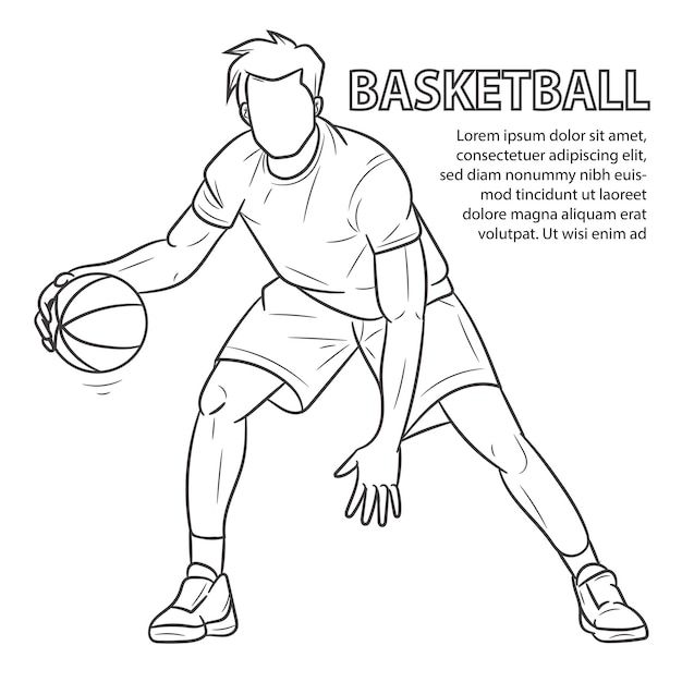 a basketball player dribbling the ball with his hand, outline drawing on white background