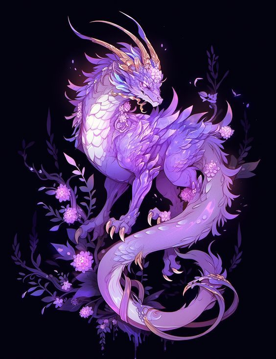 a purple dragon sitting on top of a flower filled branch in front of a black background