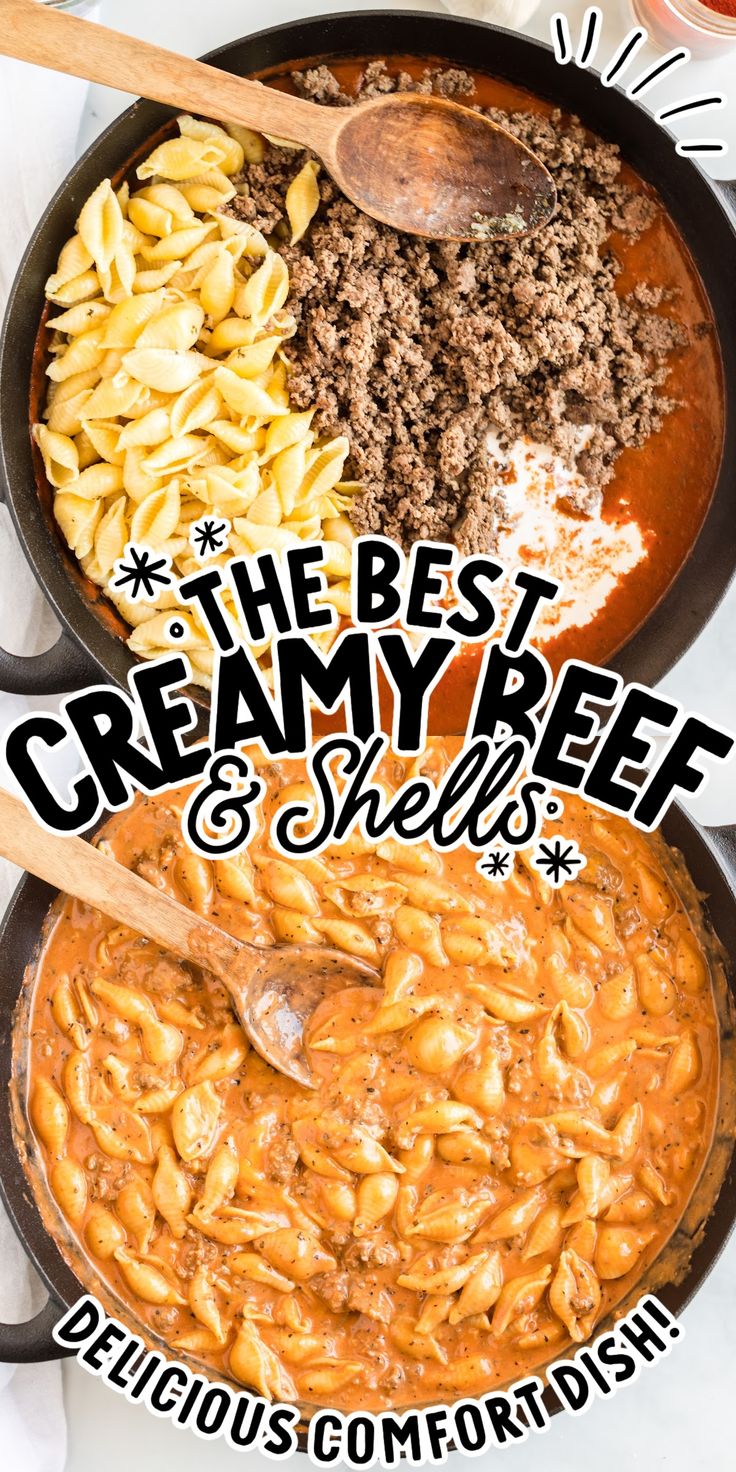 two skillets filled with beef, pasta and cheese on top of a white table