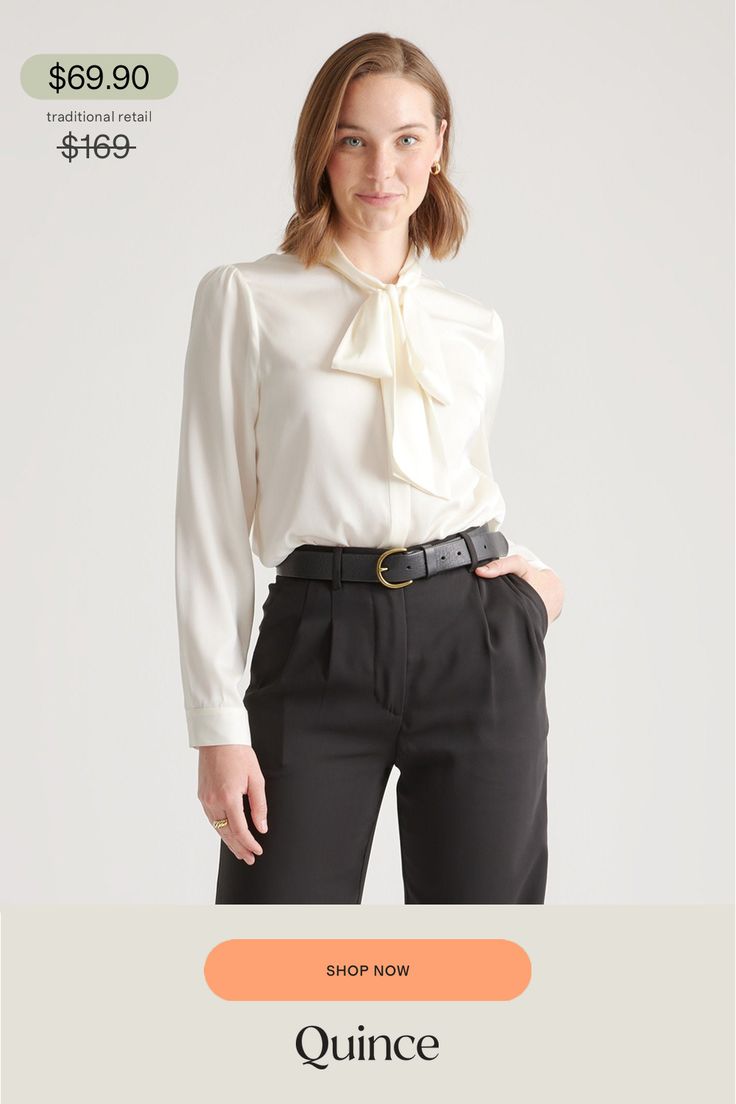 This polished blouse combines the best of both worlds. Wear the ties in a ladylike bow at the neck or leave them long and loose — whatever your mood calls for. Made of our bestselling premium mulberry silk, it has a hint of stretch for a flexible fit. Even better, it’s washable. As a bonus, silk fiber contains 18 kinds of amino acids that make it amazing for skin nourishment, hypo-allergenic, and naturally thermoregulating to help maintain body temperature.  | Quince | Women's Washable Stretch S Elegant Tie Neck Blouse For Semi-formal Events, Elegant Tie Neck Blouse For Semi-formal Occasions, Elegant Semi-formal Tie Neck Blouse, Silk Tie Neck Blouse For Formal Occasions, Formal Silk Tie-neck Blouse, Formal Silk Tie Neck Blouse, Chic Silk Blouse For Office Wear, Classic Silk Blouse With Tie Neck, Elegant Tie Neck Top For Office Wear