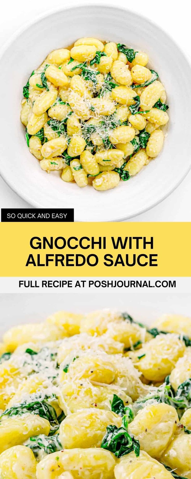 gnocchi with alfredo sauce and spinach in a white bowl on a yellow background