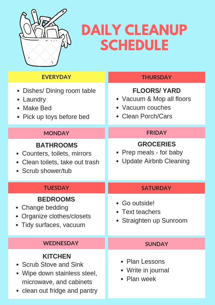 the daily clean up schedule is shown in red, yellow and blue with text on it