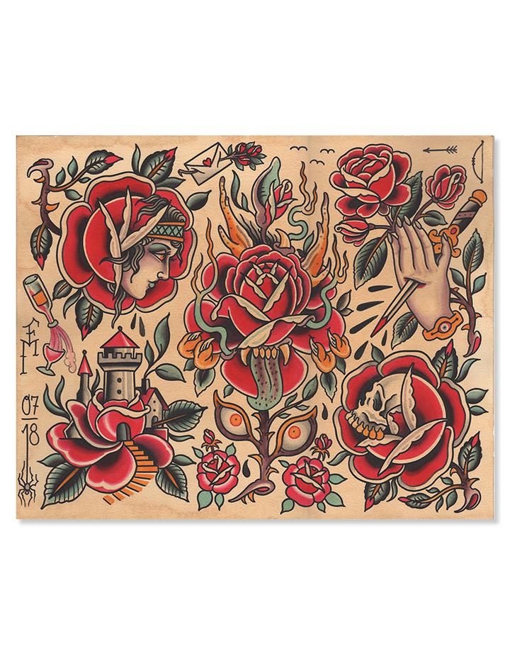 an old school style tattoo design with roses and hands on the back of a wooden plaque