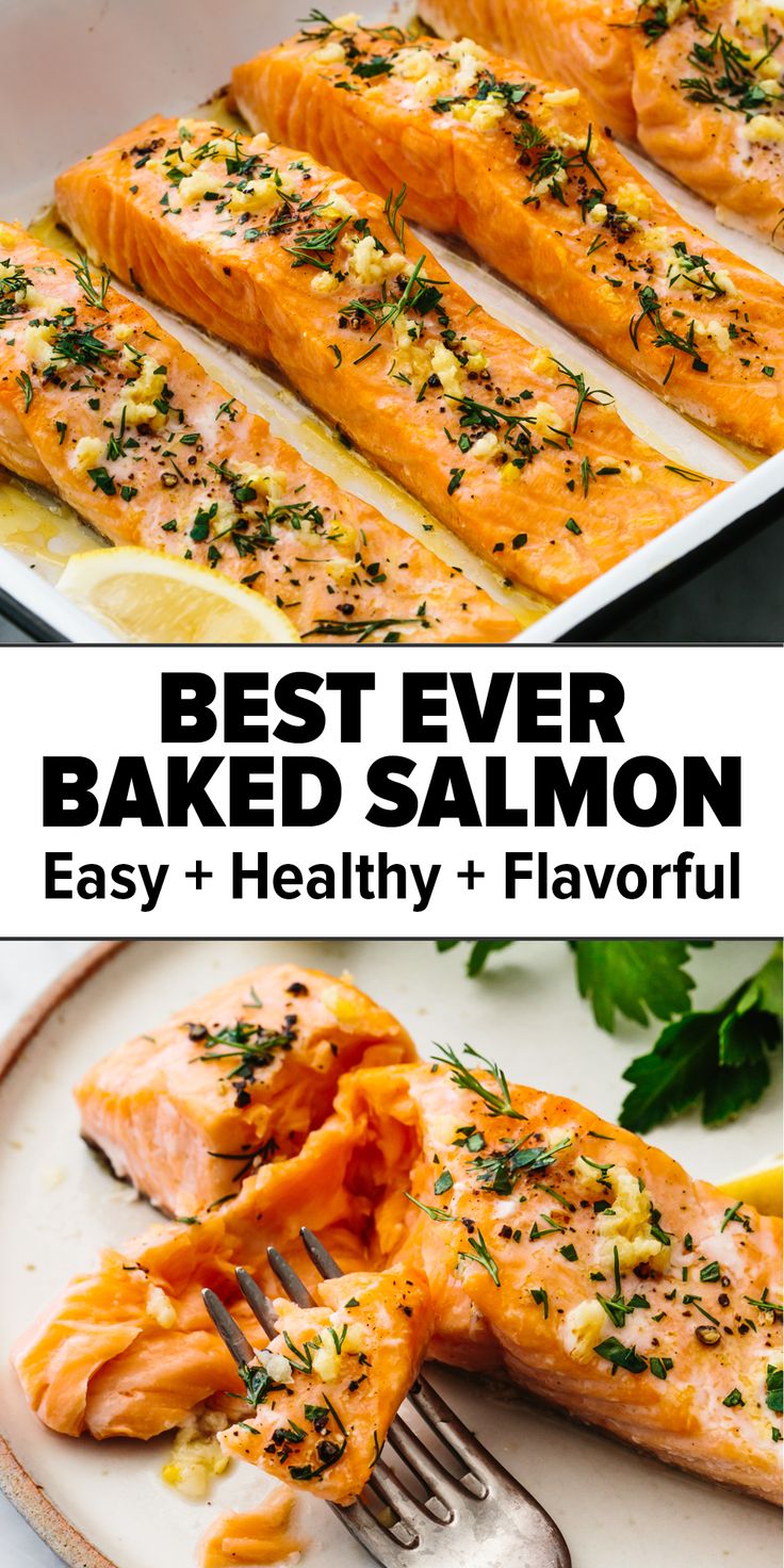 Oven baked salmon in a casserole pan with a fork. Anti Inflammation Salmon Recipes, Basic Salmon Recipe, Salmon Recipes Baked Oven, Baked Salmon Recipes Oven, Downshiftology Recipes, Simple Salmon Recipe, Best Baked Salmon, Oven Baked Salmon Recipes, Salmon Recipes Oven