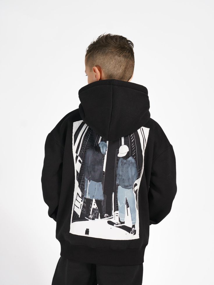 Luxury Urban styled black hooded jumper with illustrated graphic canvas detail across the back panel with delicate detailed HOJ embroidery across the jumpers cuffs Hooded Jumper, Urban Fashion, Black Hoodie, Jumper, Embroidery, Canvas, Clothes, Black