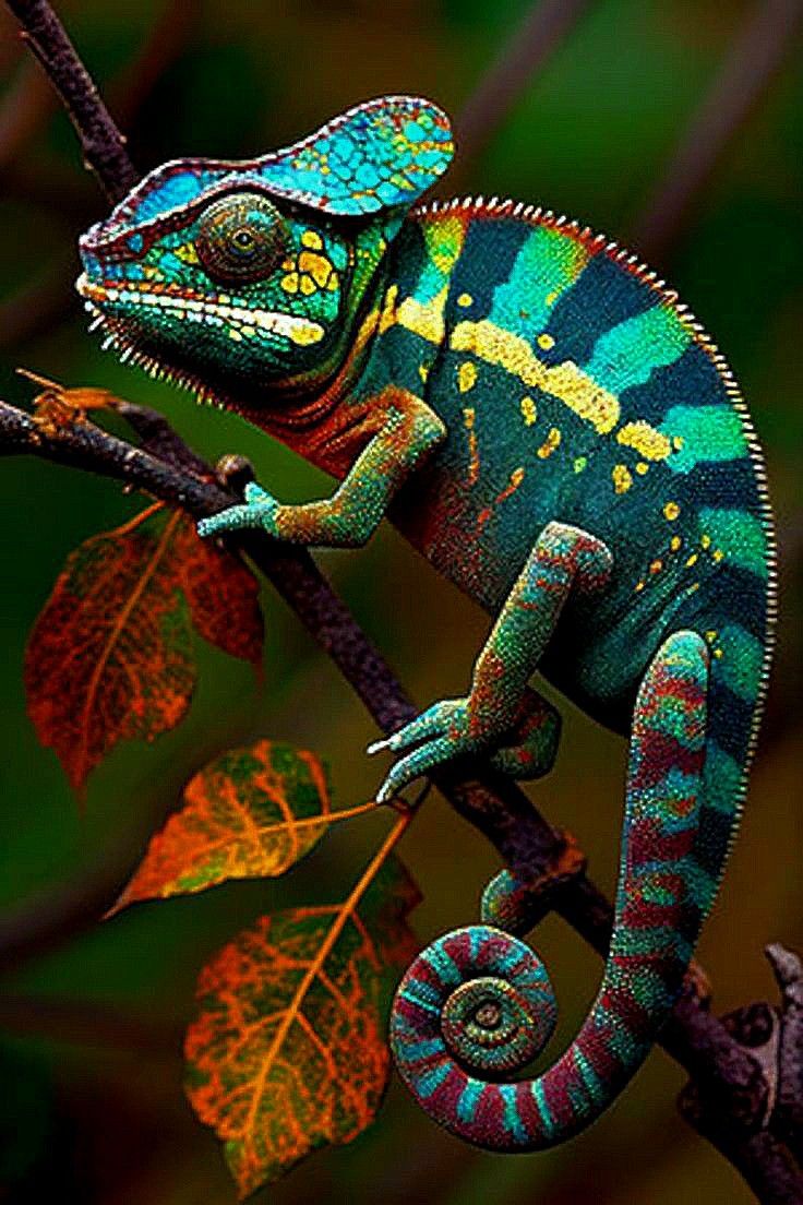 a colorful chamelon sitting on top of a tree branch