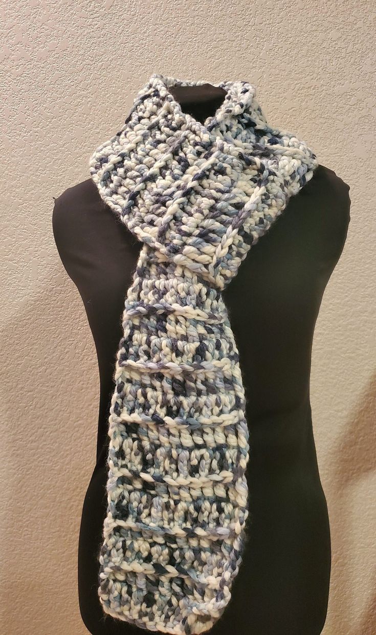 Handmade crochet scarf. Pattern by me. Blue Crochet Scarves For Winter, Blue Knitted Yarn Scarves, Blue Knitted Yarn Scarf, Handmade Blue Casual Scarves, Casual Handmade Blue Scarves, Handmade Blue Yarn Scarves, Handmade Blue Yarn Scarf, Crochet Scarf Pattern, Blue Scarf