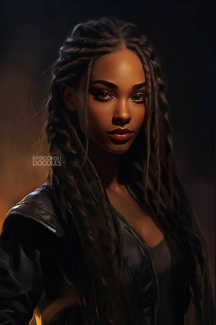 a painting of a woman with long braids on her head and wearing a leather jacket