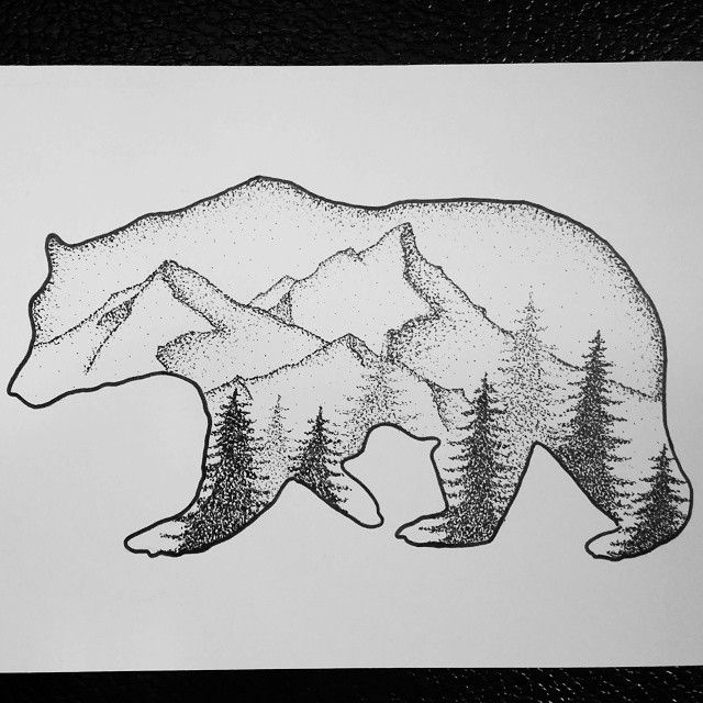 a drawing of a bear with mountains in the background