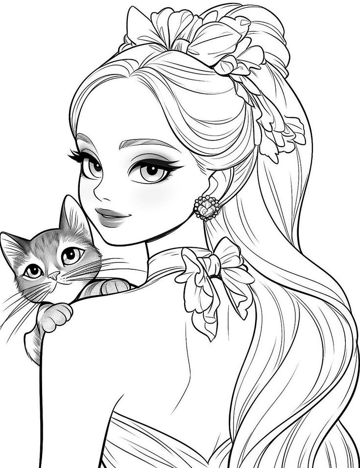 a girl with long hair holding a cat in her hand coloring pages for adults and children