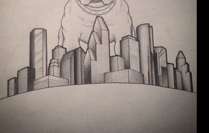 a drawing of a pug dog in front of a cityscape with skyscrapers