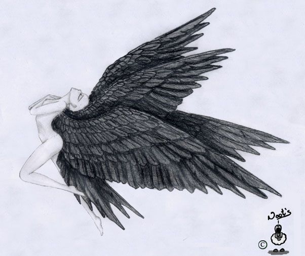 a drawing of a woman with large black wings