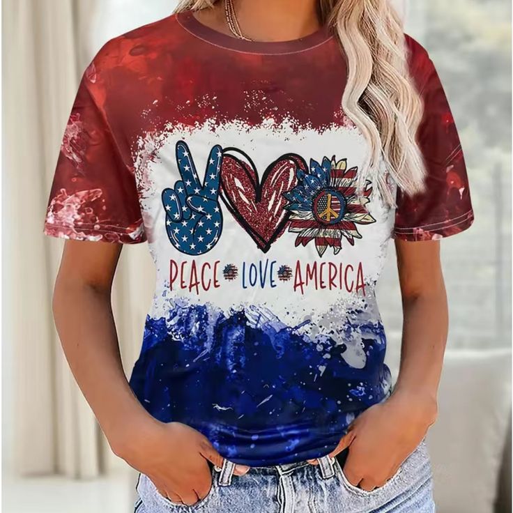 Red White And Blue Peace, Love, America T-Shirt Blue T-shirt With American Flag Print For Spring, Casual Multicolor T-shirt For 4th Of July, Trendy Red Top With Flag Print, Casual Multicolor Tops For 4th Of July, Red Crew Neck Top With Print, Red Crew Neck Printed Top, Red Printed Crew Neck Top, Casual Blue Tops With American Flag Print, Red Tops With American Flag Print For Spring