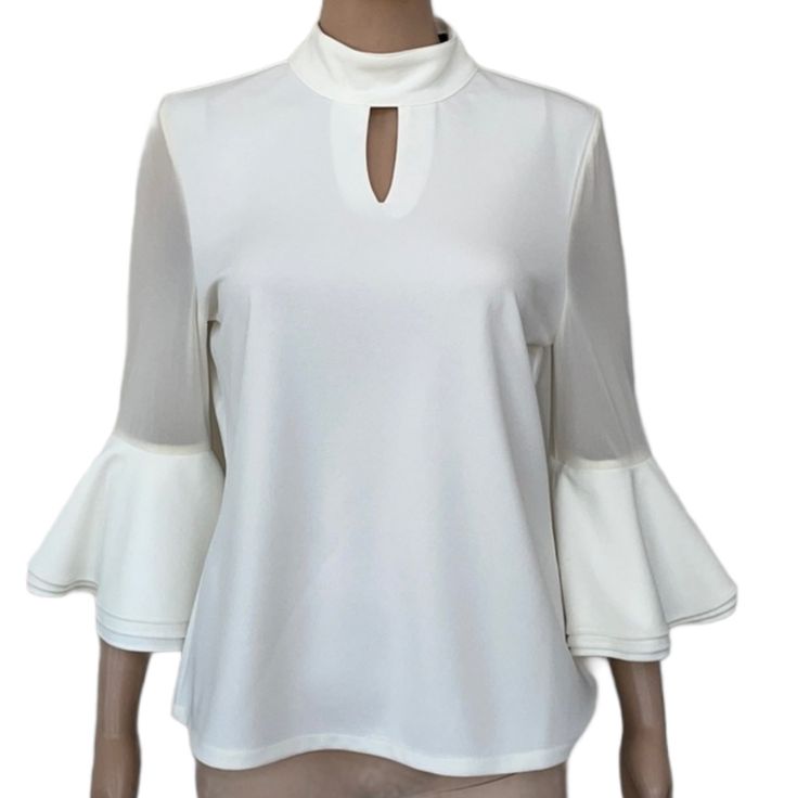 Gracia Ivory 3/4 Bell Sleeve Blouse Top, Large Has Few Marks Please See Photos. Elegant Stretch Top With 3/4 Sleeves, Spring Formal Half Sleeve Tops, Formal Half Sleeve Tops For Spring, Elegant Cream Office Tops, White Half Sleeve Blouse For Office, Elegant Office Tops With 3/4 Sleeves, White Half Sleeve Office Blouse, Chic Half Sleeve Workwear Tops, Formal Spring Tops With 3/4 Sleeve