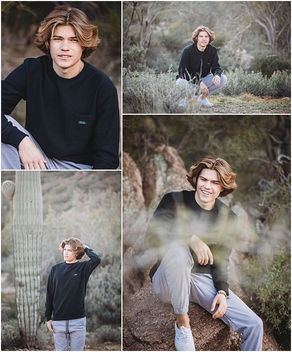 a man sitting on top of a rock next to a cactus and other desert plants