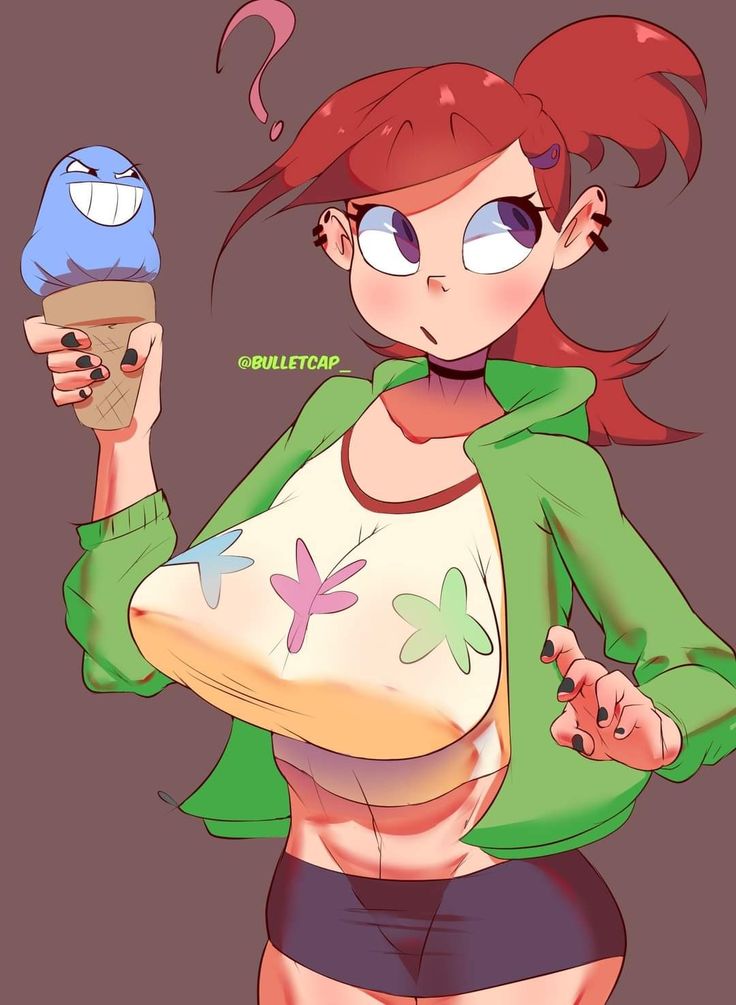 a woman with red hair holding an ice cream cone