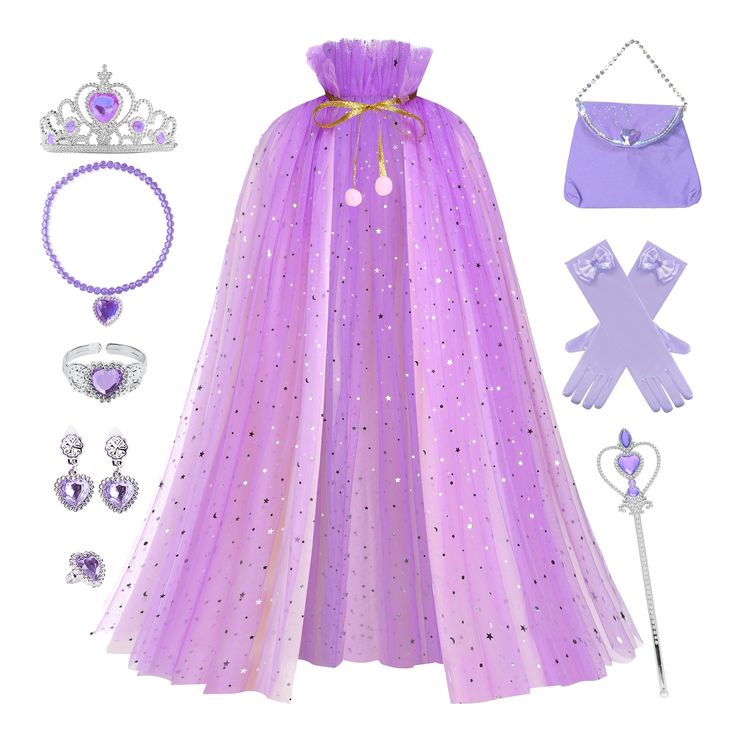 PRICES MAY VARY. Princess Dress up Costume Set include: glitter princess cloak, princess crown tiara, princess wand, earring, bracelet, ring, necklace, gloves, bag. Stylish & Sequins Capes for Girls made of soft and comfortable sheer mesh fabric, the neck of cloak is designed with soft gold strap to prevent the shawl from falling off. Easy to put on and take off. lightweight princess cape was full of the sparkly stars and moon everywhere that little girls liked. The princess dress up accessories Princesscore Costumes For Halloween Party, Princesscore Halloween Party Costume, Halloween Party Princesscore Costumes, Christmas Birthday Princess Dress, Halloween Cosplay Princess Dress, Christmas Princess Dress For Costume Party, Princess Tulle Costume For Dress-up, Princess Style Tulle Costume For Dress-up, Princess Style Tulle Costume For Party