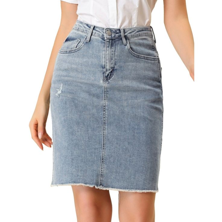 Treat yourself to the classic feel of this denim skirt with a raw hem, and washed details. With slim fit and pencil style details, this knee-length skirt features classic five pockets, a frayed hem, comfy fabric, and a raw-cut hem for your cuteness. Perfectly pair it with your simple dots T-shirt or sandals to complete your fashion look. Knee Length, cute and comfortable, suitable for spring, and summer. Cheap High Rise Denim Skirt With Frayed Hem, Cheap High Waist Medium Wash Denim Skirt, Cheap Light Wash Cotton Denim Skirt, Cheap High-rise Denim Skirt, Cheap Denim Skirt With Frayed Hem For Spring, Cheap Denim Skirt With Frayed Hem For Day Out, Cheap Fitted Plain Denim Skirt, Cheap Casual Forever 21 Denim Skirt, Cheap Denim Skirt With Frayed Hem Straight Leg