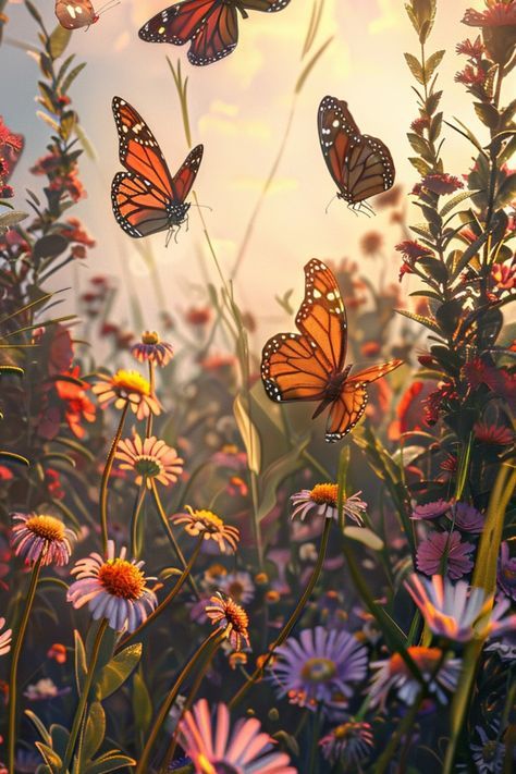 many butterflies flying around in the sky above some wildflowers and daisies at sunset