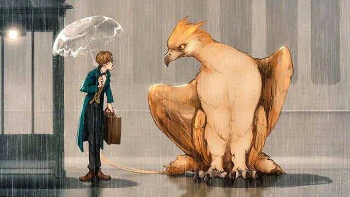 a man standing next to a giant bird in the rain