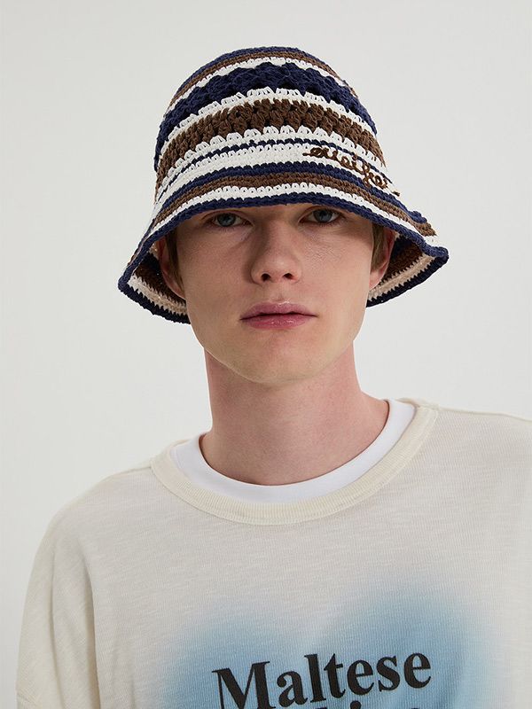 This is a trendy and casual bucket hat by WAIKEI that is made out of high quality and sturdy material. With distinctive mood of the design and clean yet unique look, you can style it for your trendy daily outfit.- Crochet knit fabric suitable for summer- Hand logo embroidery on the left hem- Unique stripe pattern overall Navy Casual Beanie Hat, Casual Navy Brimmed Bucket Hat, Bucket Hat Crochet Men, Navy Casual Bucket Hat, Casual Blue Crochet Bucket Hat, Navy Bucket Hat With Short Brim, Navy Casual Bucket Hat With Short Brim, Casual Navy Bucket Hat With Short Brim, Casual Blue Crochet Hat With Curved Brim