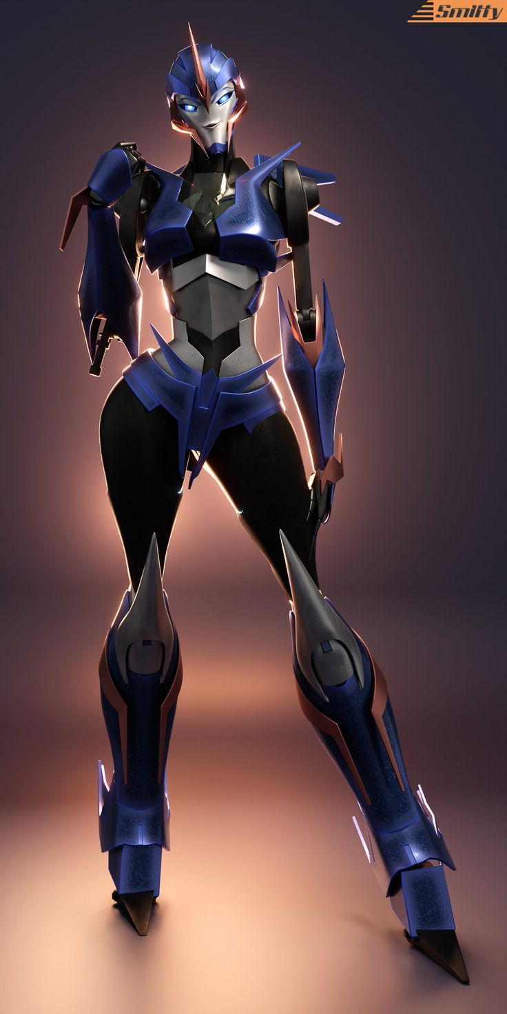 a futuristic woman in blue and black armor