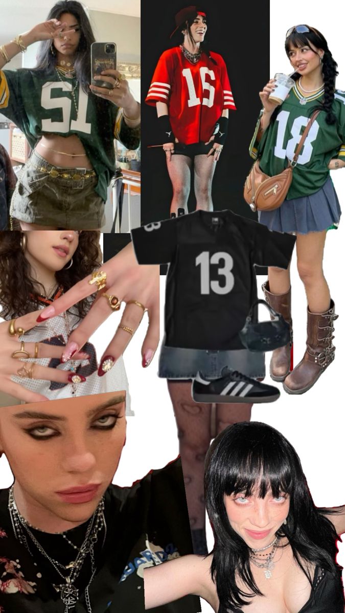 a collage of photos with women in sports jerseys and jewelry on their head, one holding a cell phone while the other holds a t - shirt that says 13