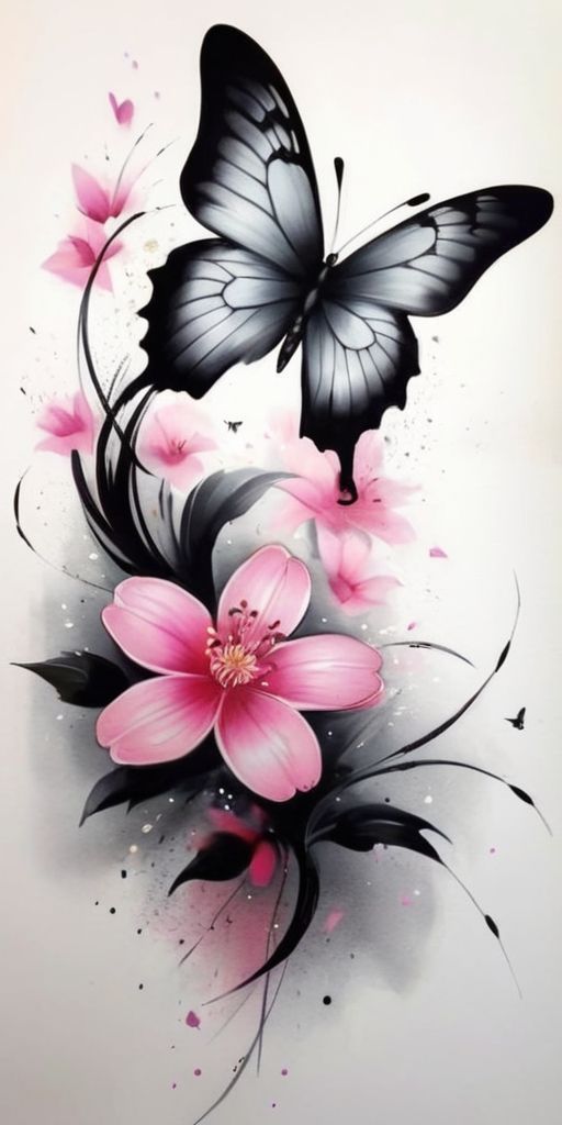 two butterflies flying over pink flowers with black and white designs on the back of their wings