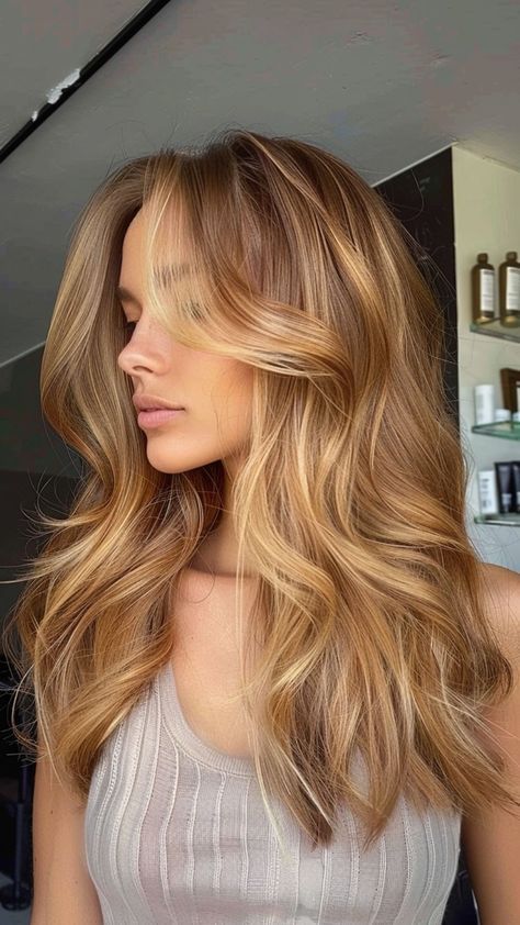 Honey Beige Hair Color, Golden Blonde Hair Inspiration, Golden Blonde Honey Hair, Honey Golden Balayage, Color Blonde Hair Ideas, Long Hair Strawberry Blonde, Bronze Blonde Hair Color, Honey Blonde Hair On Olive Skin, Hair Colour Ideas Natural