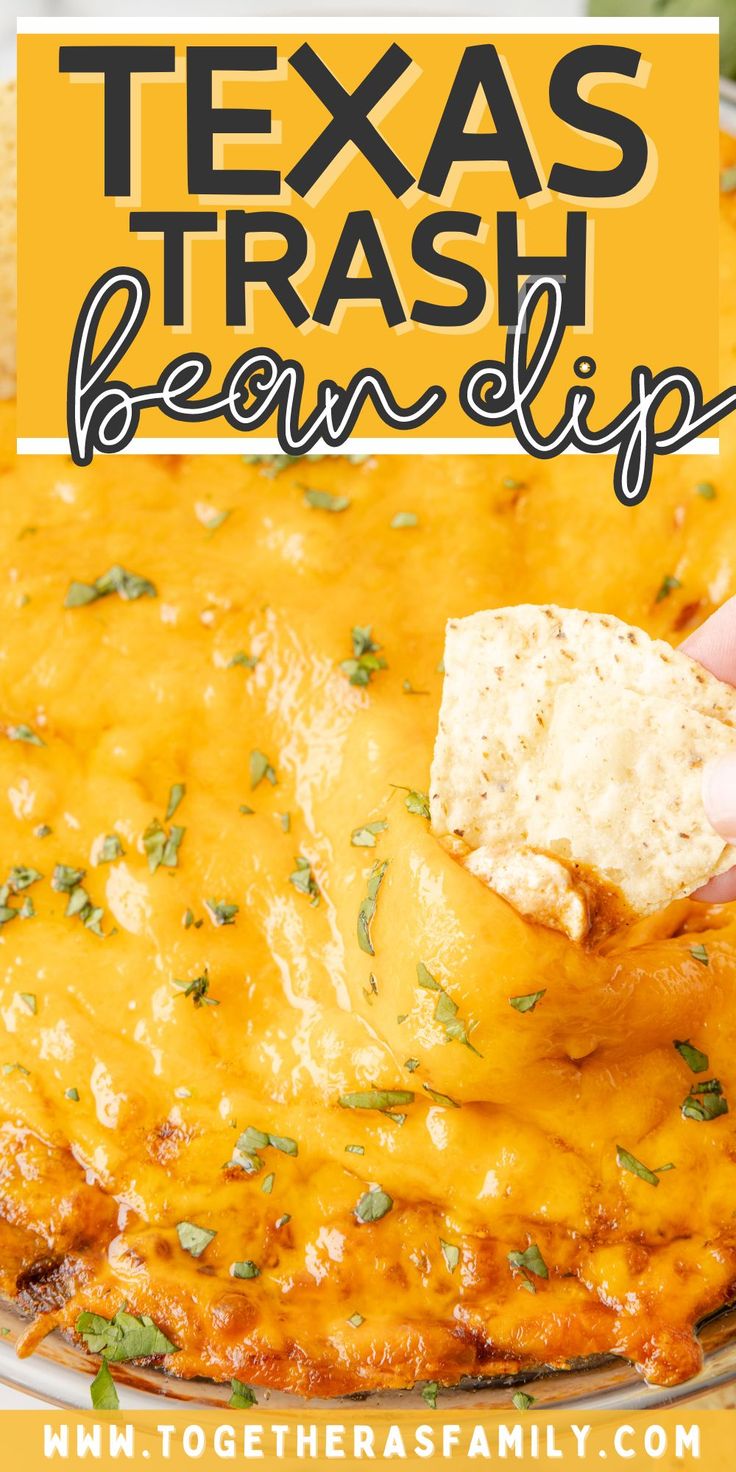 a hand dipping a tortilla chip into a casserole dish with text overlay