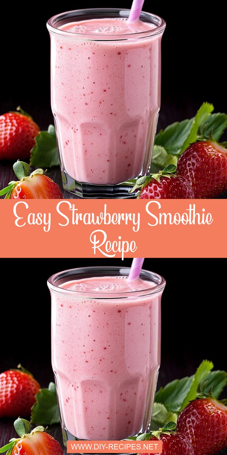 two glasses filled with strawberry smoothie next to strawberries