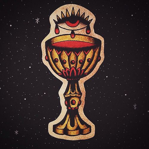 an artistic drawing of a golden cup on a black background with stars in the sky