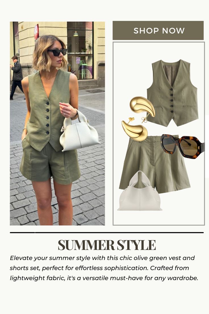 Elevate your summer wardrobe with this chic olive green vest and shorts set, perfect for a sophisticated yet casual look. Crafted from lightweight fabric, this versatile outfit pairs seamlessly with any accessory, making it a must-have for effortless style. #ootd #classy #summeroutfit Co Ord Set Shorts, Ootd Classy, Olive Green Outfit, Olive Green Vest, Green Vest, Versatile Outfits, Green Outfit, Co Ord Set, Summer Fashion Outfits