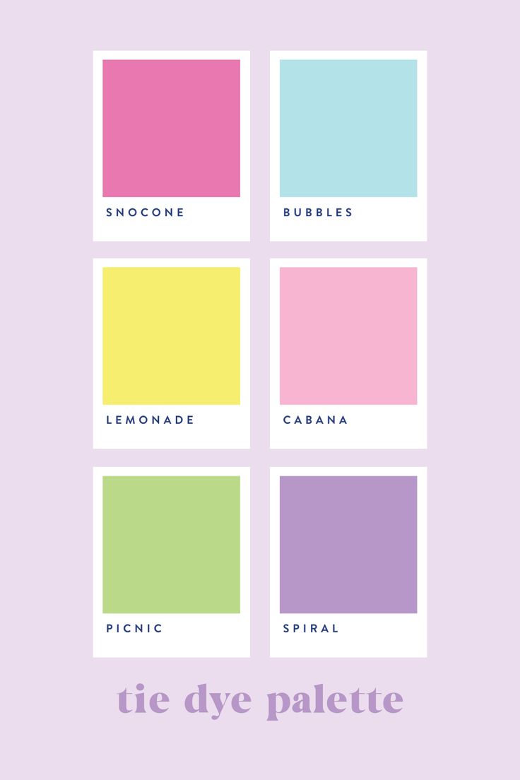 four squares with different colors and the words tie dye palette in white, yellow, pink