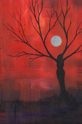 a painting of a tree with red sky in the background